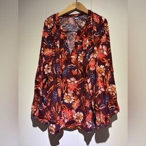 Old Navy bold floral blouse peasant style XXL rust orange red burgundy